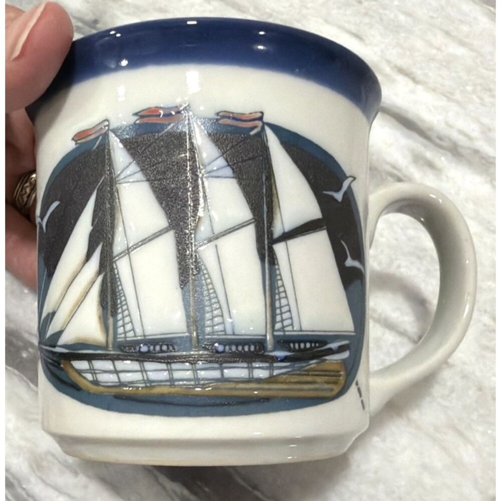 Vtg  OTAGIRI Nautical Sailboat Schooner Embossed Sea Vessel Seagulls Coffee Mug